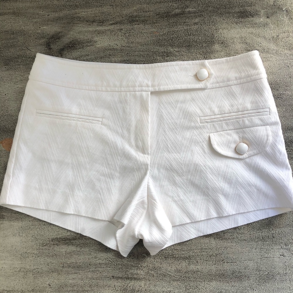 Trina Turk White Textured Dress Shorts with Button Detail